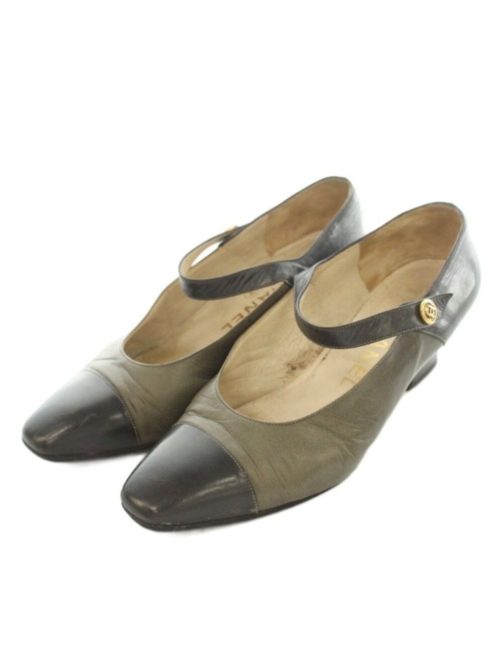 Chanel Strap Pumps Square Toe Chunky Heel Low Leather Bicolor CC Logo